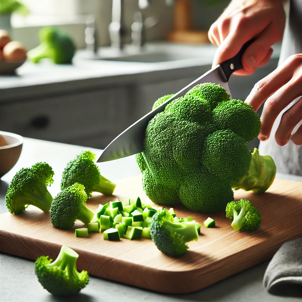 Fresh broccoli being cut into florets on a wooden cutting board with a knife.