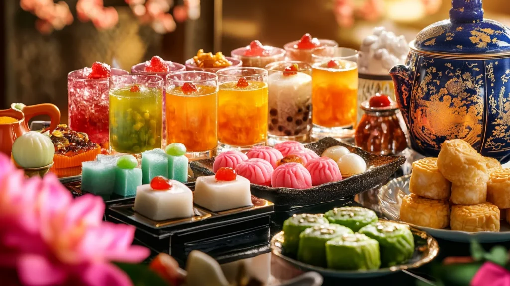 An elegant display of various Asian desserts including mochi, mooncakes, and bubble tea pearls."