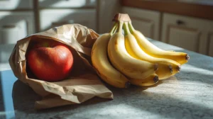 Bananas placed in a brown paper bag with an apple beside them.