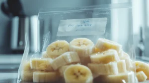 Frozen banana pieces stored in a labeled freezer bag.