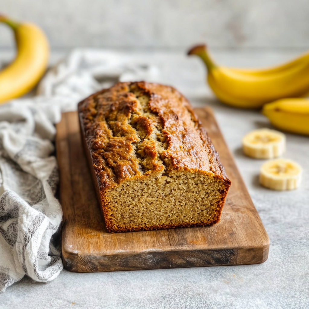 Easy 4-Ingredient Banana Bread on a wooden cutting board.