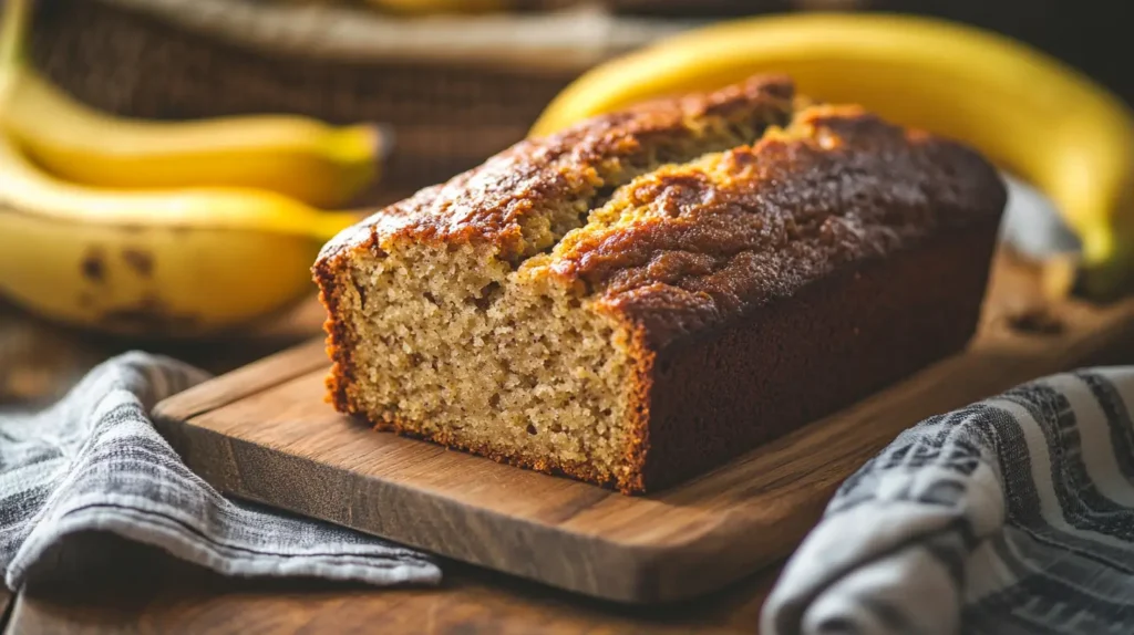 Easy 4-Ingredient Banana Bread on a wooden cutting board.