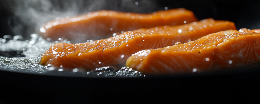 Salmon being cooked in a skillet.