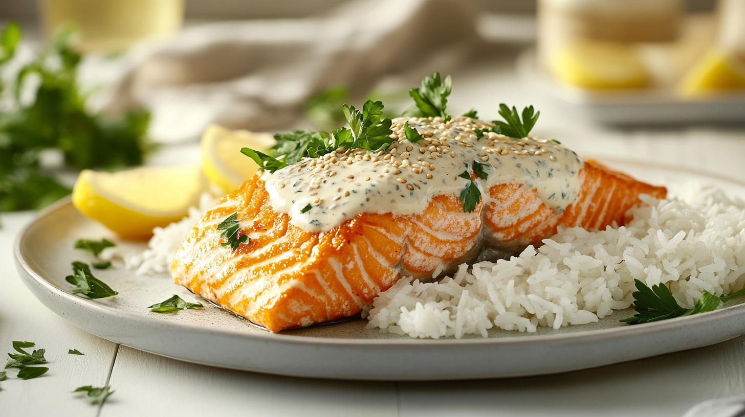 A perfectly cooked Bang Bang Salmon topped with creamy sauce.