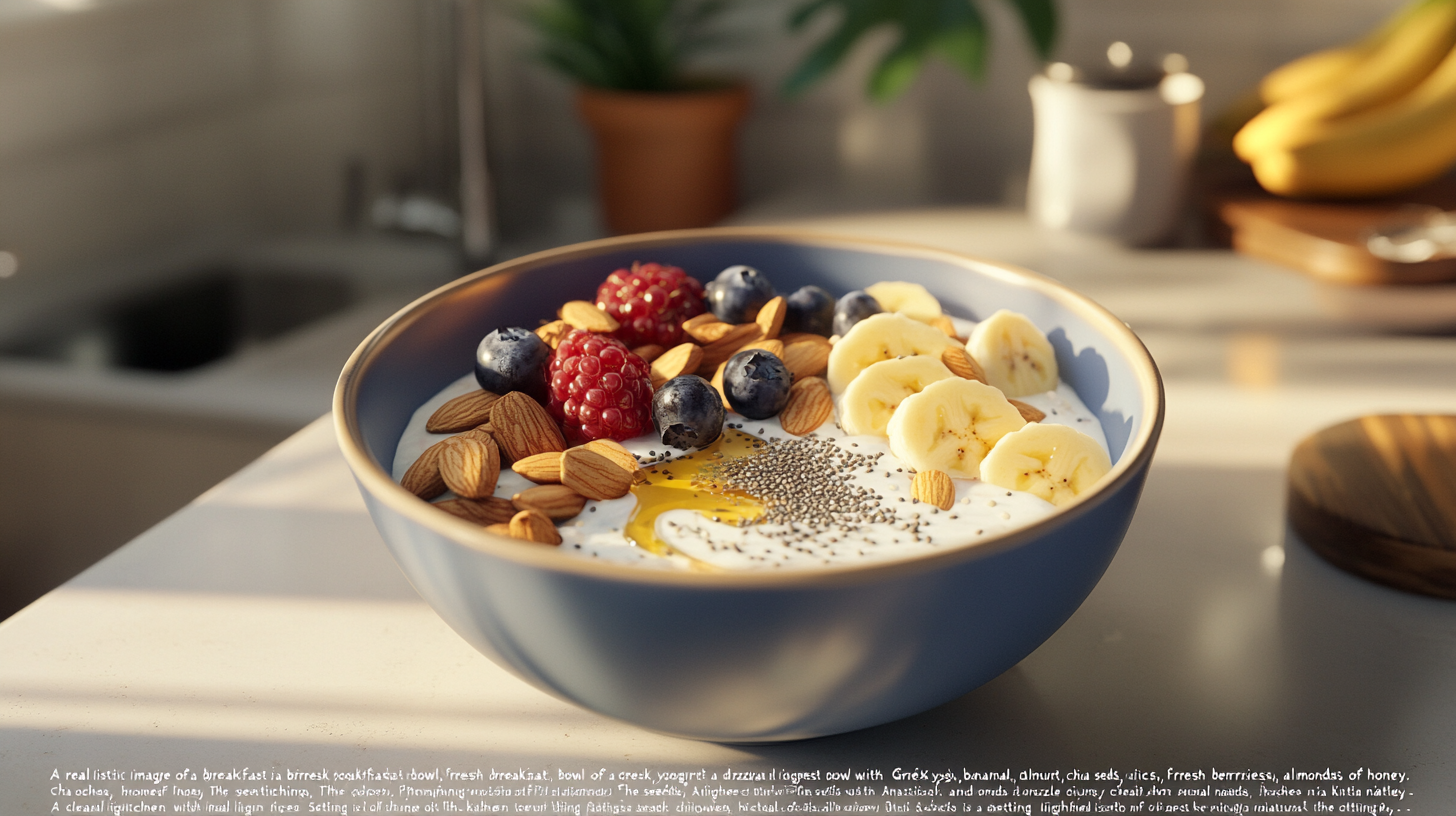 Healthy and colorful breakfast bowl with fresh fruits and nuts