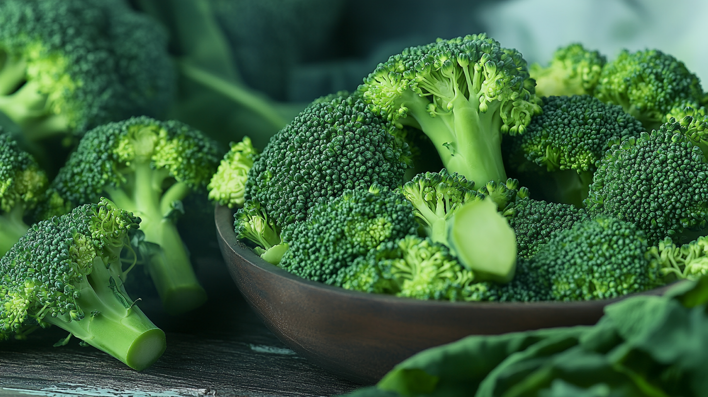 Fresh green broccoli florets on a wooden table.