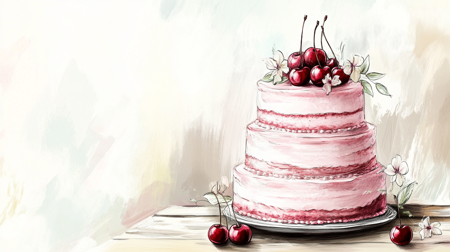 Realistic drawing of a multi-layered cake with pink frosting and cherries.