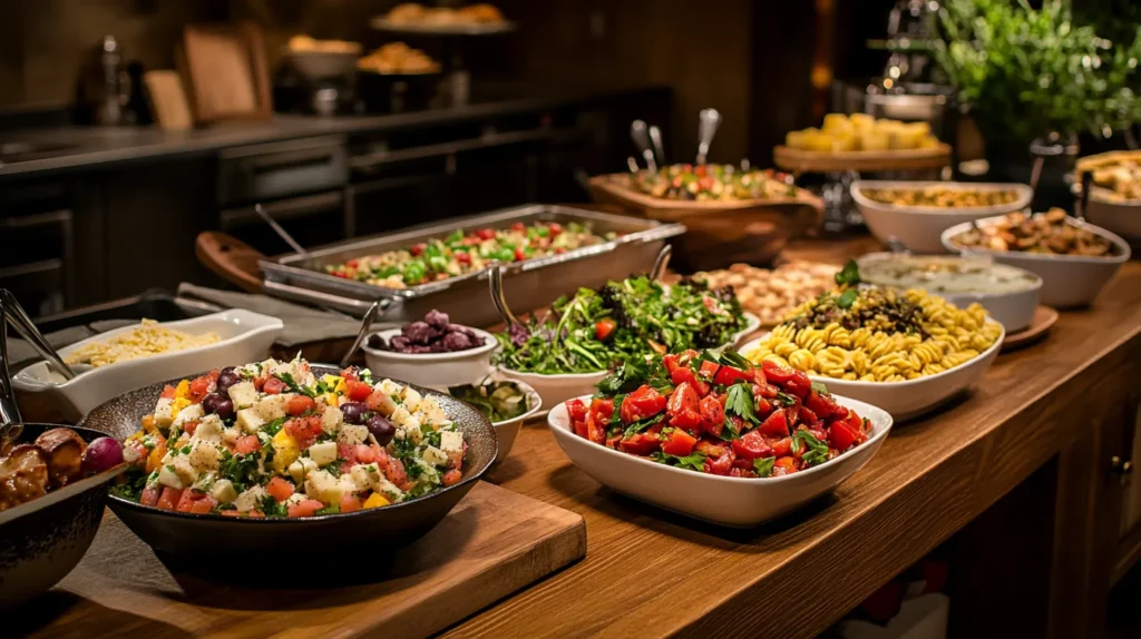 A table filled with colorful gluten-free dishes, including salads, pasta, and baked goods.