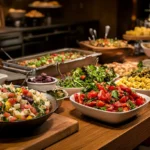 A table filled with colorful gluten-free dishes, including salads, pasta, and baked goods.