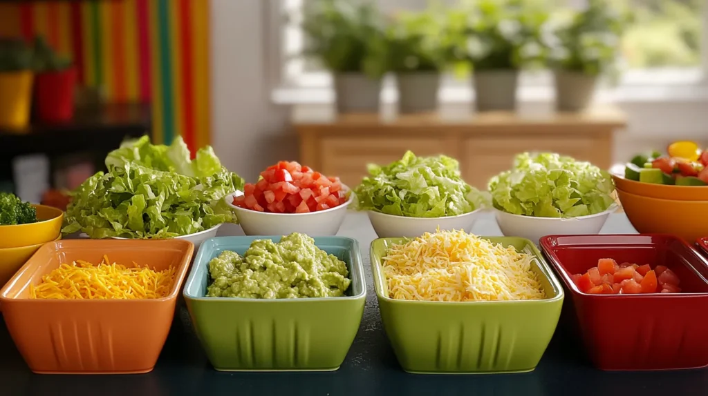 A gluten-free taco bar with vibrant toppings like guacamole, tomatoes, and lettuce.