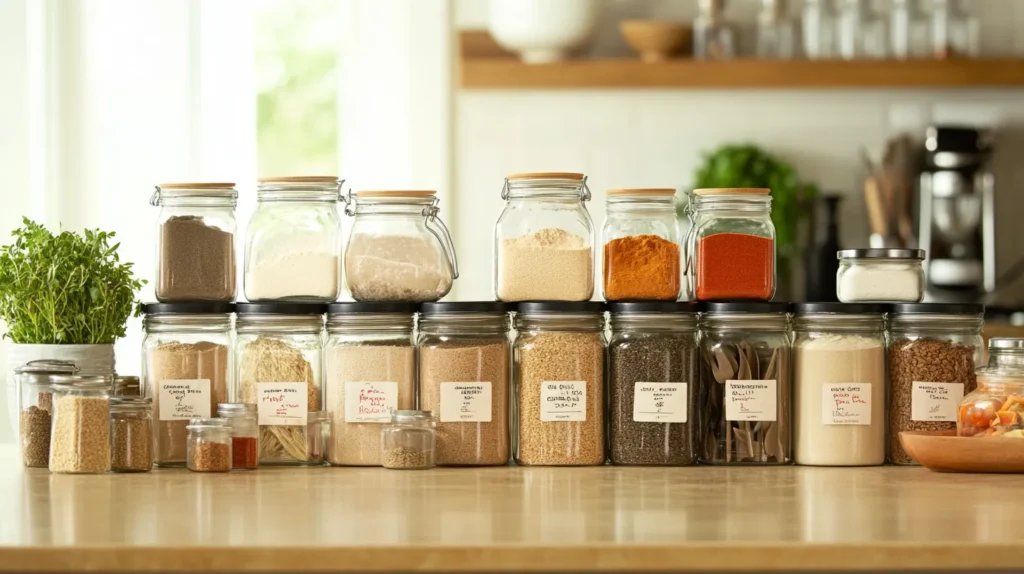 A neatly organized kitchen counter with labeled gluten-free flours and cooking tools.