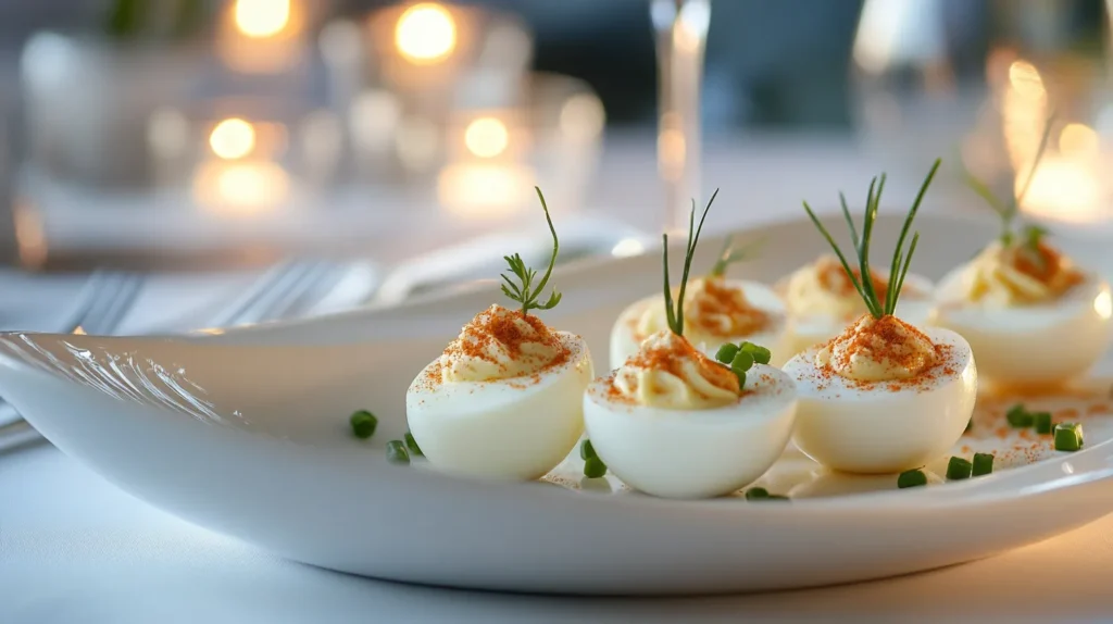 A platter of deviled eggs garnished with paprika and fresh chives.