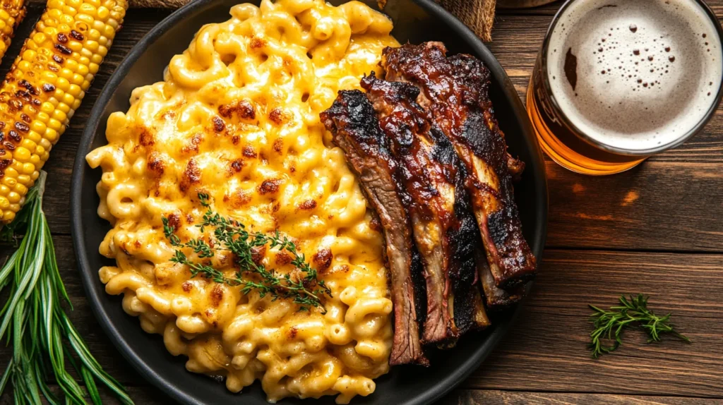 Smoked mac and cheese served with BBQ ribs, grilled corn, and craft beer.