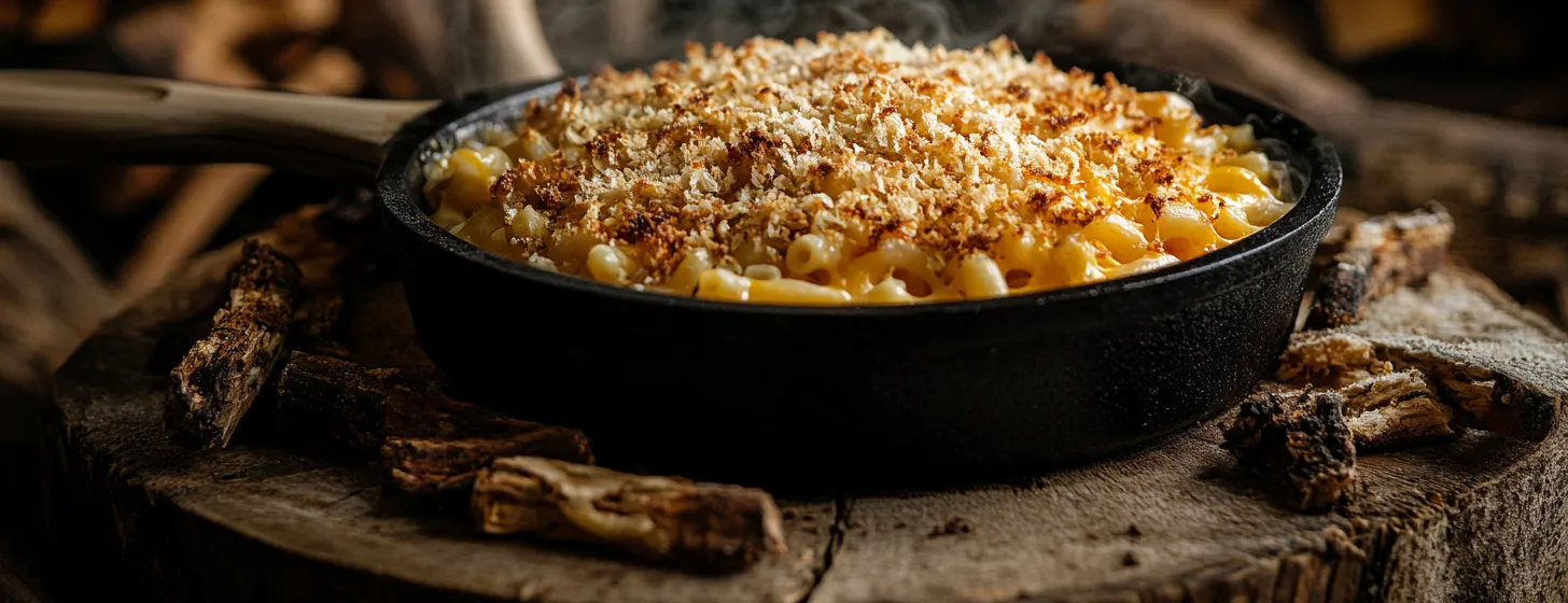 Smoked mac and cheese served in a cast-iron skillet with a golden breadcrumb topping.