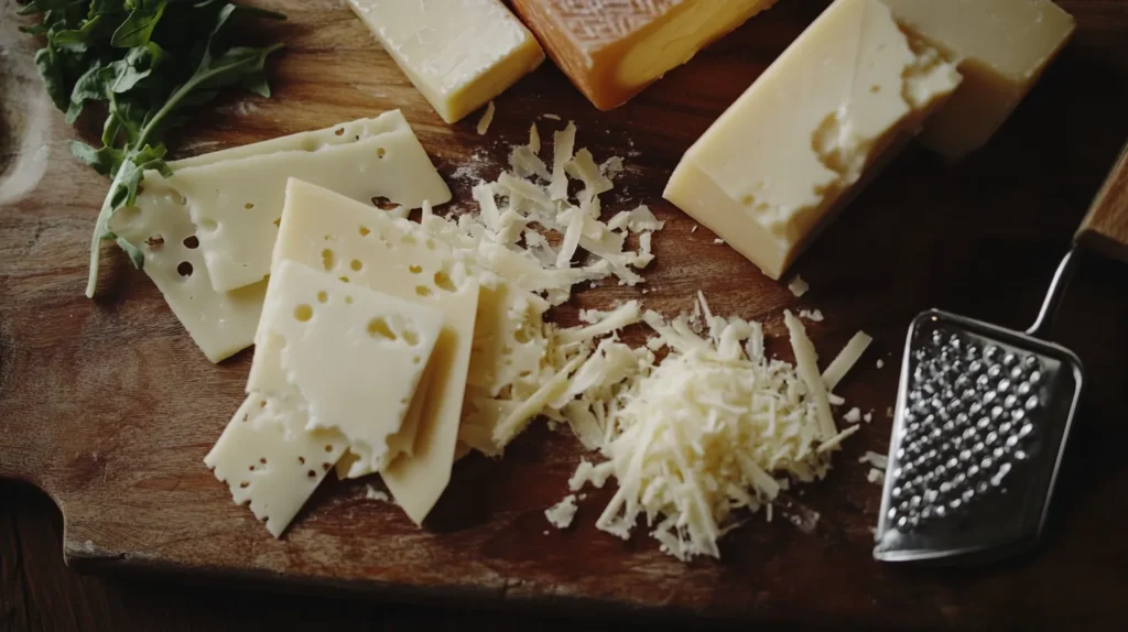 A selection of cheeses used for smoked mac and cheese on a wooden board.