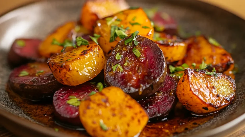 A plate of roasted golden beets garnished with herbs.