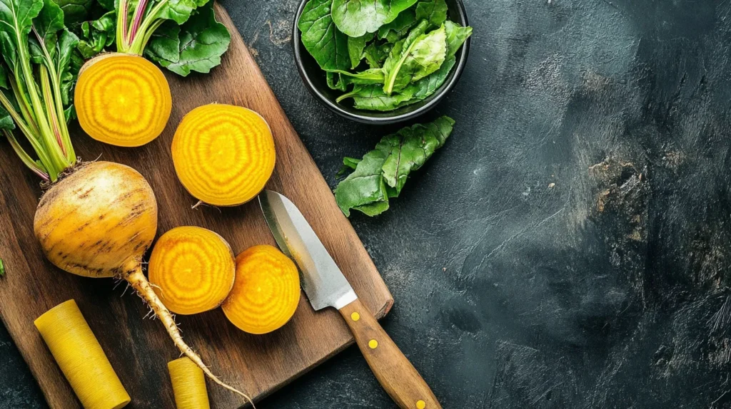 Fresh golden beets on a cutting board with preparation tools.