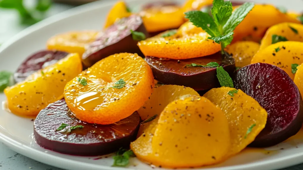 Roasted golden beets served with honey drizzle, orange slices, and fresh mint leaves on a white plate.