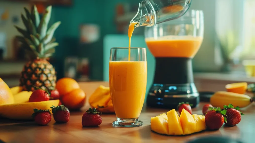 Fresh fruits and a blender for making Sunrise Sunset Tropical Smoothie.