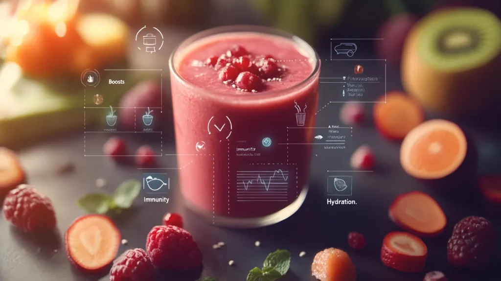 A close-up of a smoothie surrounded by labeled icons of its vitamins (Vitamin C, Vitamin A, fiber) and benefits like “Boosts Immunity” and “Hydration.