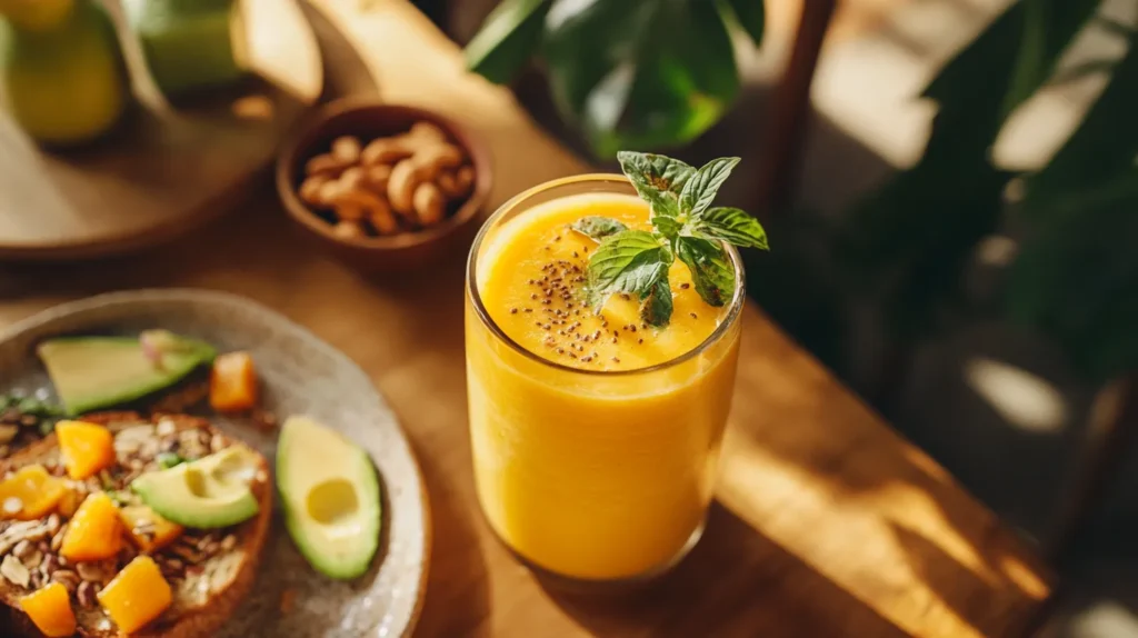 Sunrise Sunset Tropical Smoothie with avocado toast and nuts.