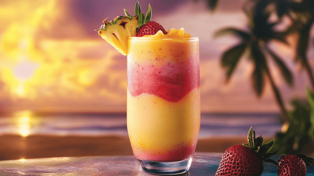 Sunrise Sunset Tropical Smoothie in a glass with tropical fruits and a sunset backdrop.