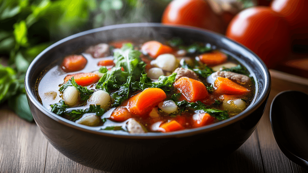 A steaming bowl of swamp-themed soup with fresh herbs