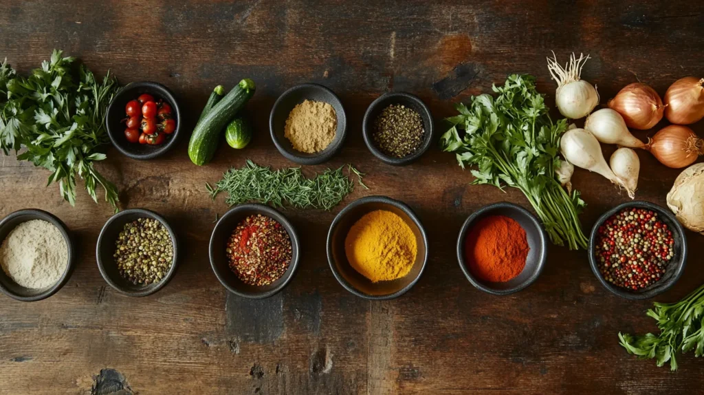 Fresh ingredients for swamp soup laid out on a wooden countertop