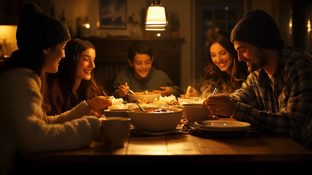 A family enjoying bowls of swamp soup together at a dining table