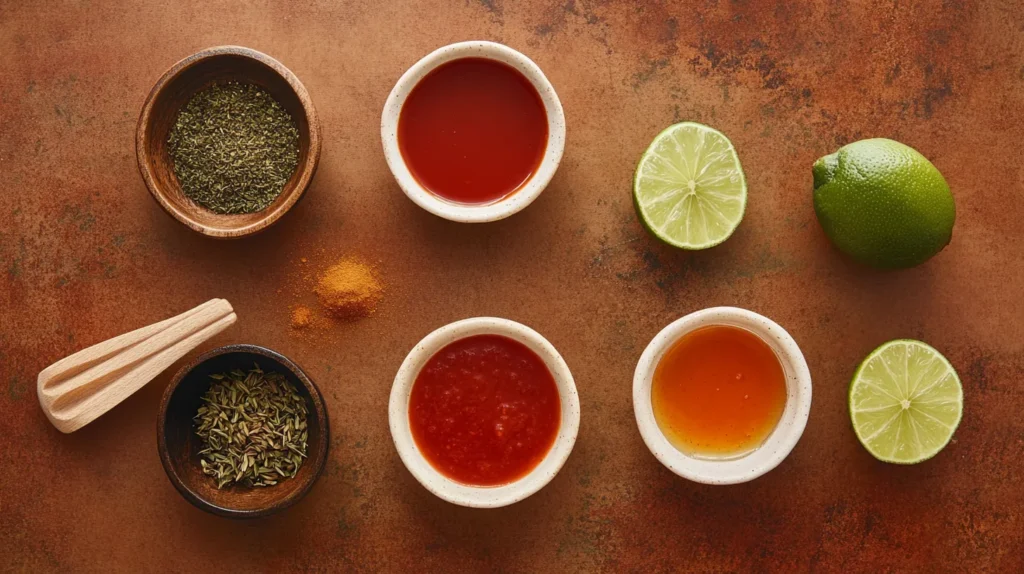 Ingredients for taco sauce arranged neatly.