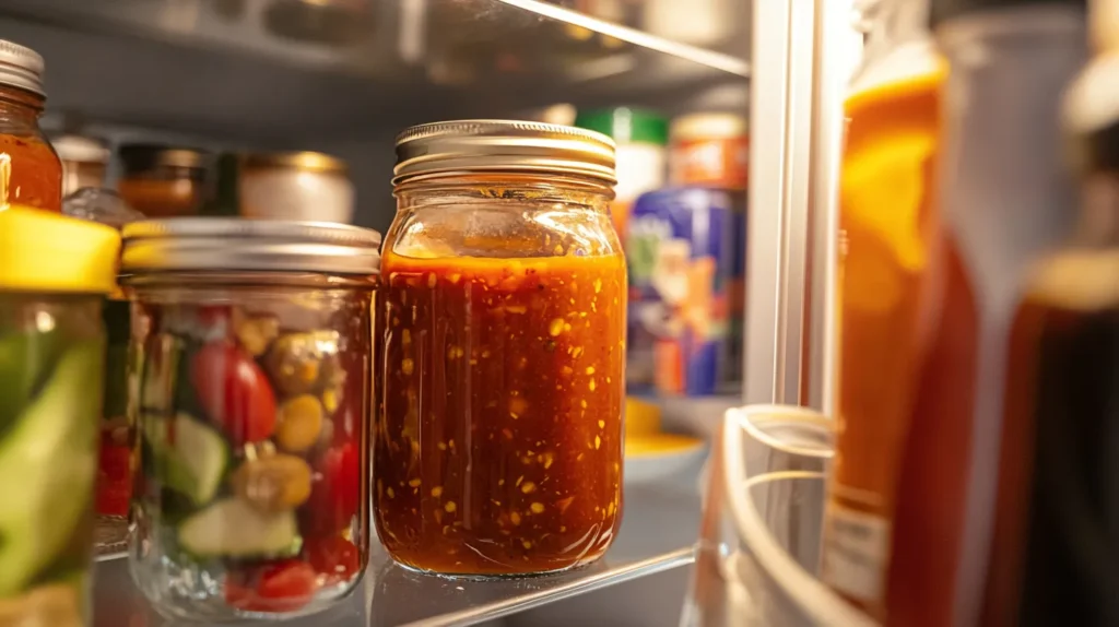 Taco sauce stored in a glass jar.