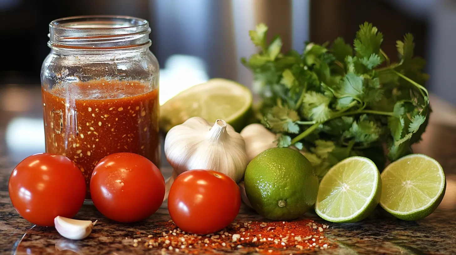 Jar of homemade taco sauce with fresh ingredients.fridge door, with other condiments around. Alt Text: Taco sauce stored in a glass jar.