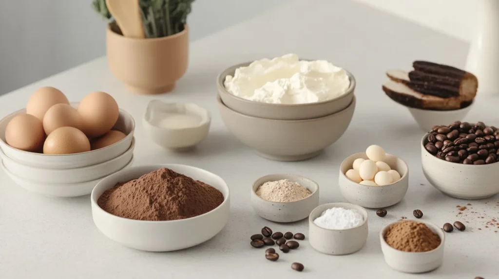 Ingredients of tiramisu displayed on a kitchen counter