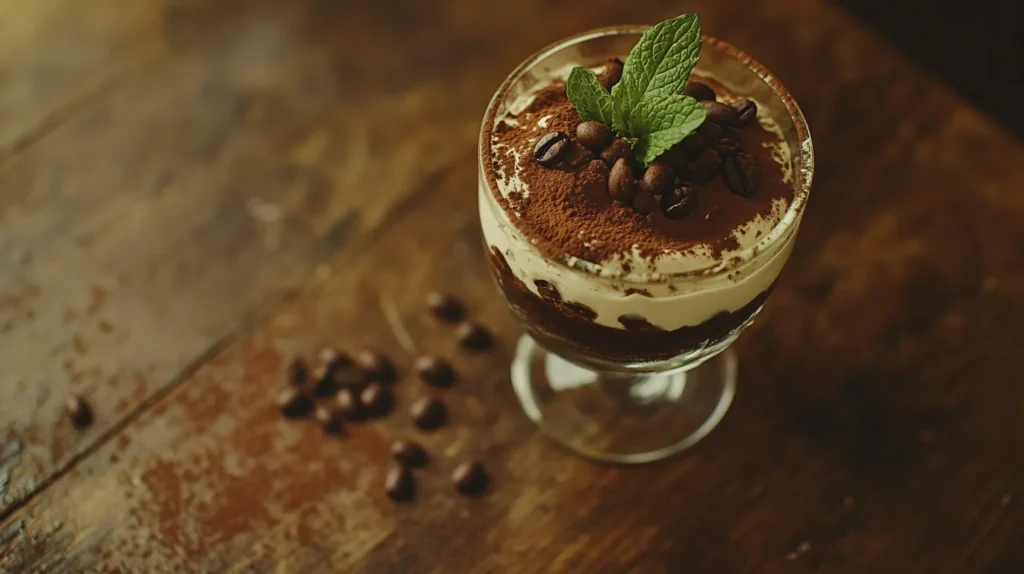 Luxurious tiramisu dessert with cocoa powder and mint garnish