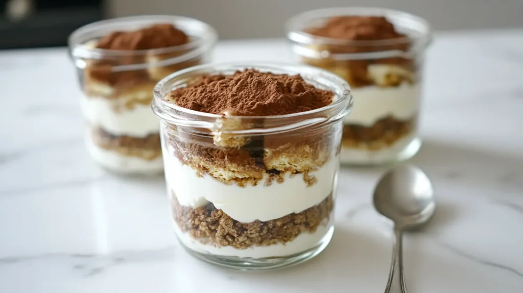 Healthy tiramisu in glass jars with Greek yogurt and cocoa powder