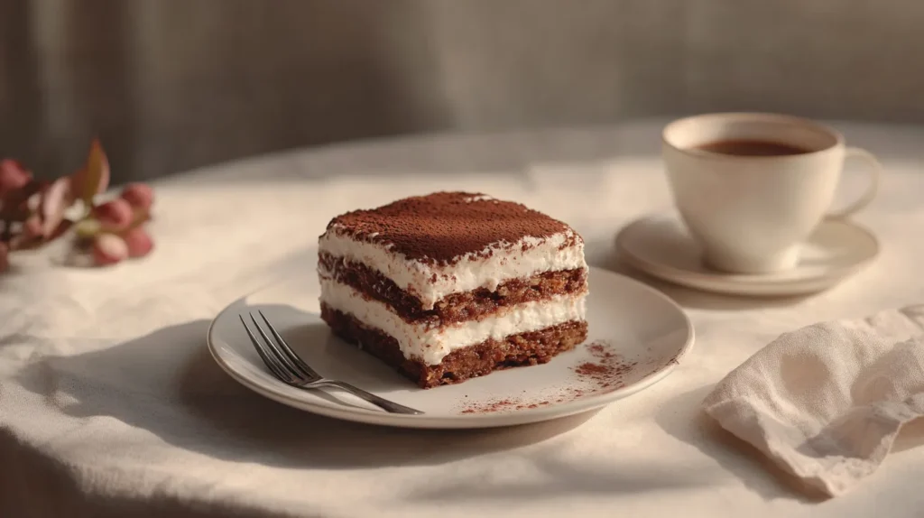 Partially eaten slice of tiramisu with creamy layers and cocoa powder.