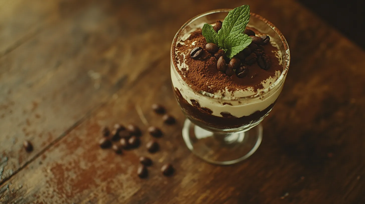 Luxurious tiramisu dessert with cocoa powder and mint garnish