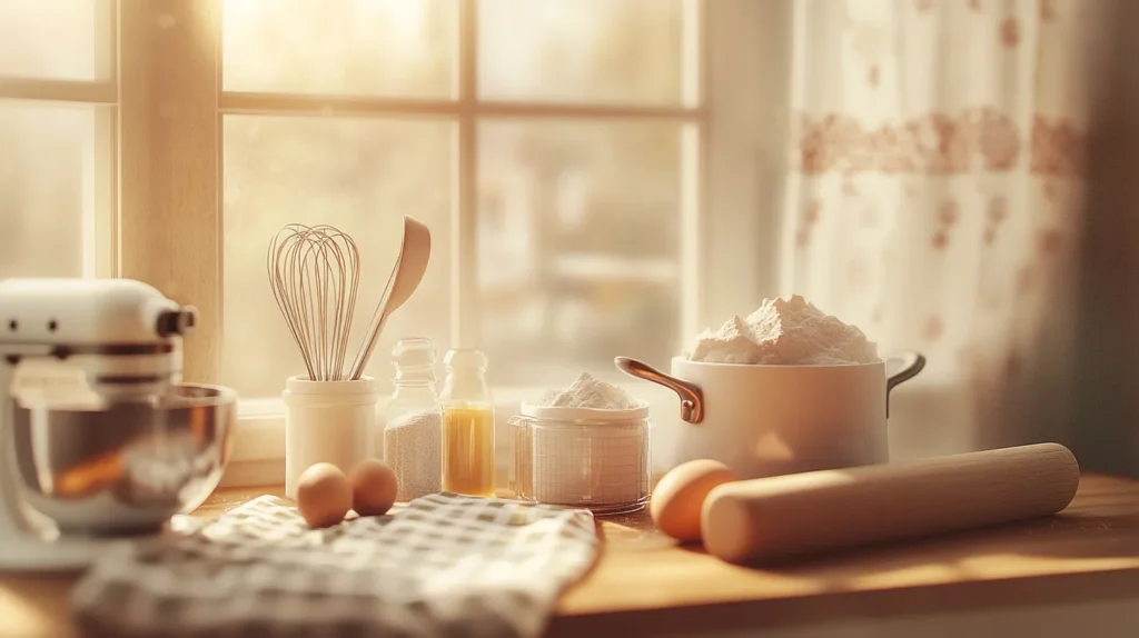 A kitchen counter with baking ingredients and tools ready for baking.