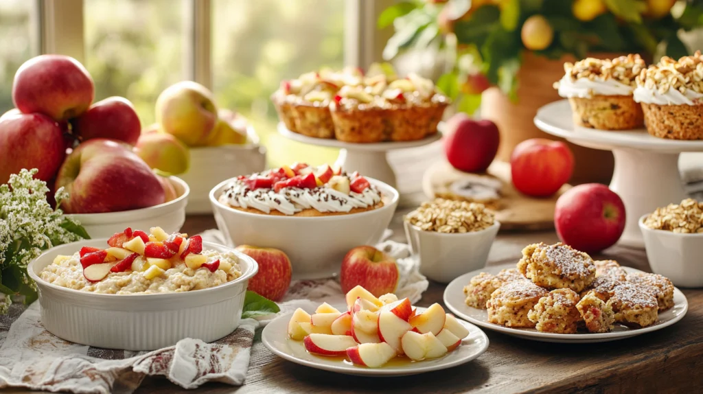 A breakfast table filled with delicious apple recipes like muffins, parfaits, and oatmeal.