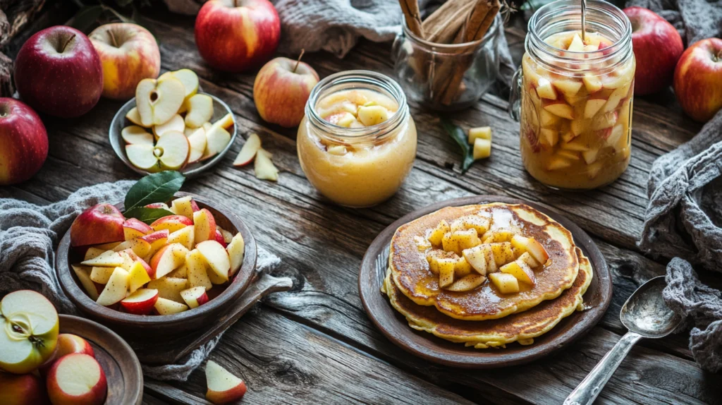 Fluffy apple pancakes topped with maple syrup and thin apple slices