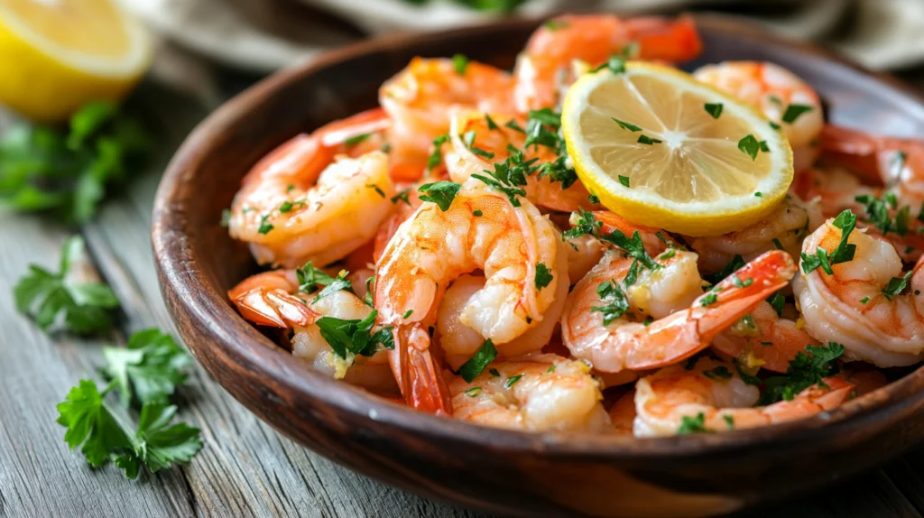 A bowl of slow cooker shrimp in a garlic butter sauce with herbs.