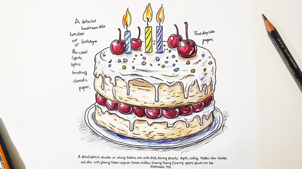 Hand-drawn birthday cake sketch with frosting, candles, and decorations.