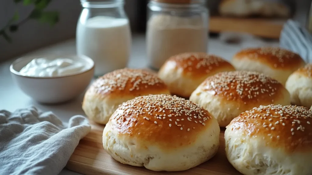 Freshly baked 2 ingredient bagels with sesame seeds on a wooden cutting board.