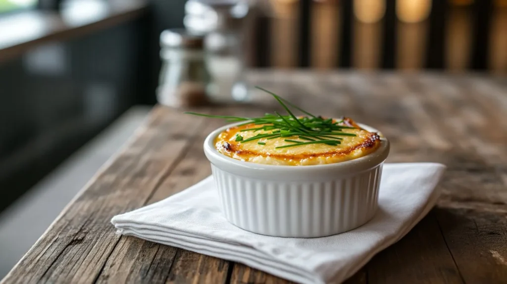 A savory crab brûlée with caramelized topping, presented in a ramekin and garnished with fresh chives, perfect for dinner gatherings.