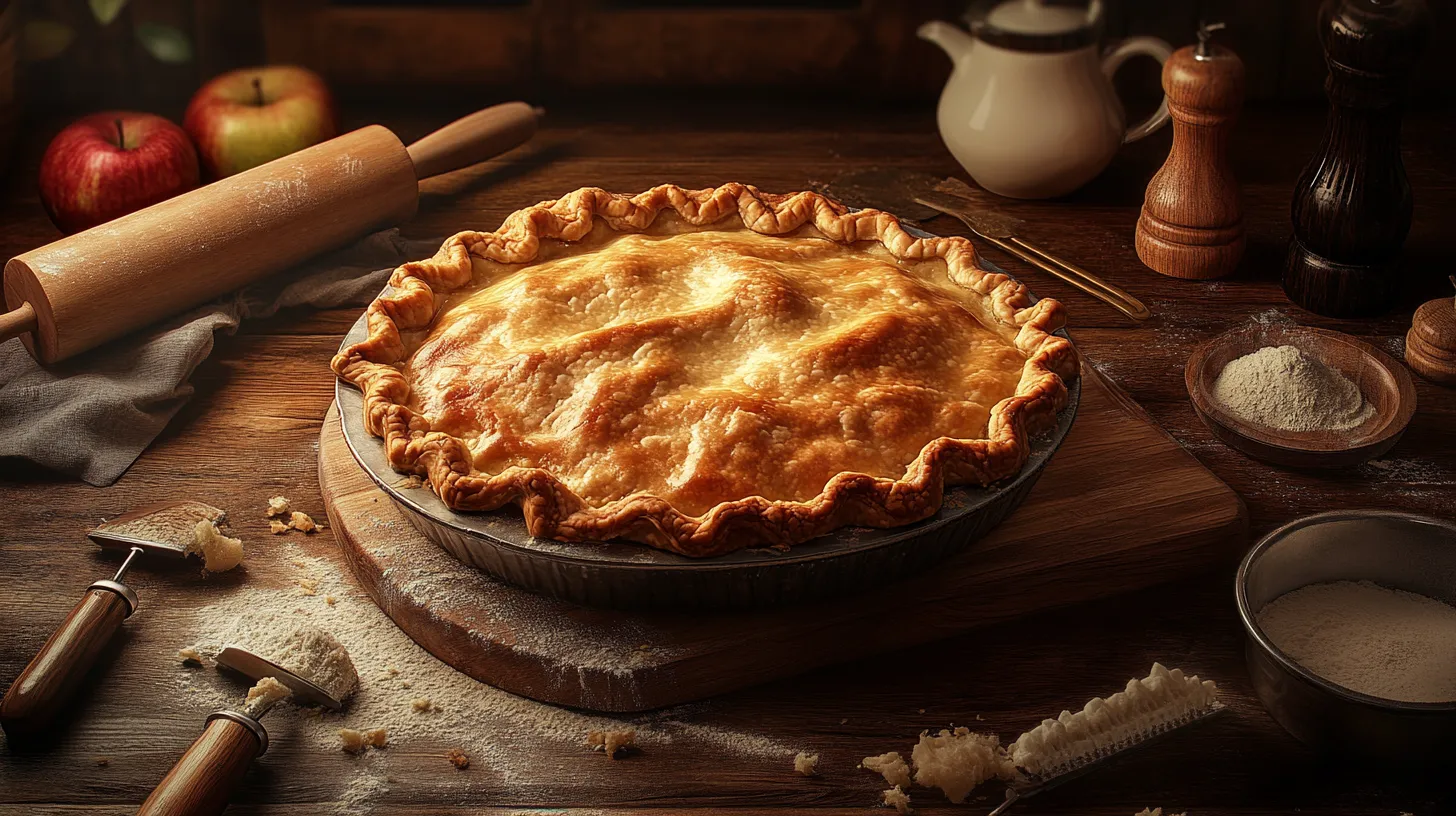 A golden, crispy pie crust in a rustic kitchen setting with baking tools.