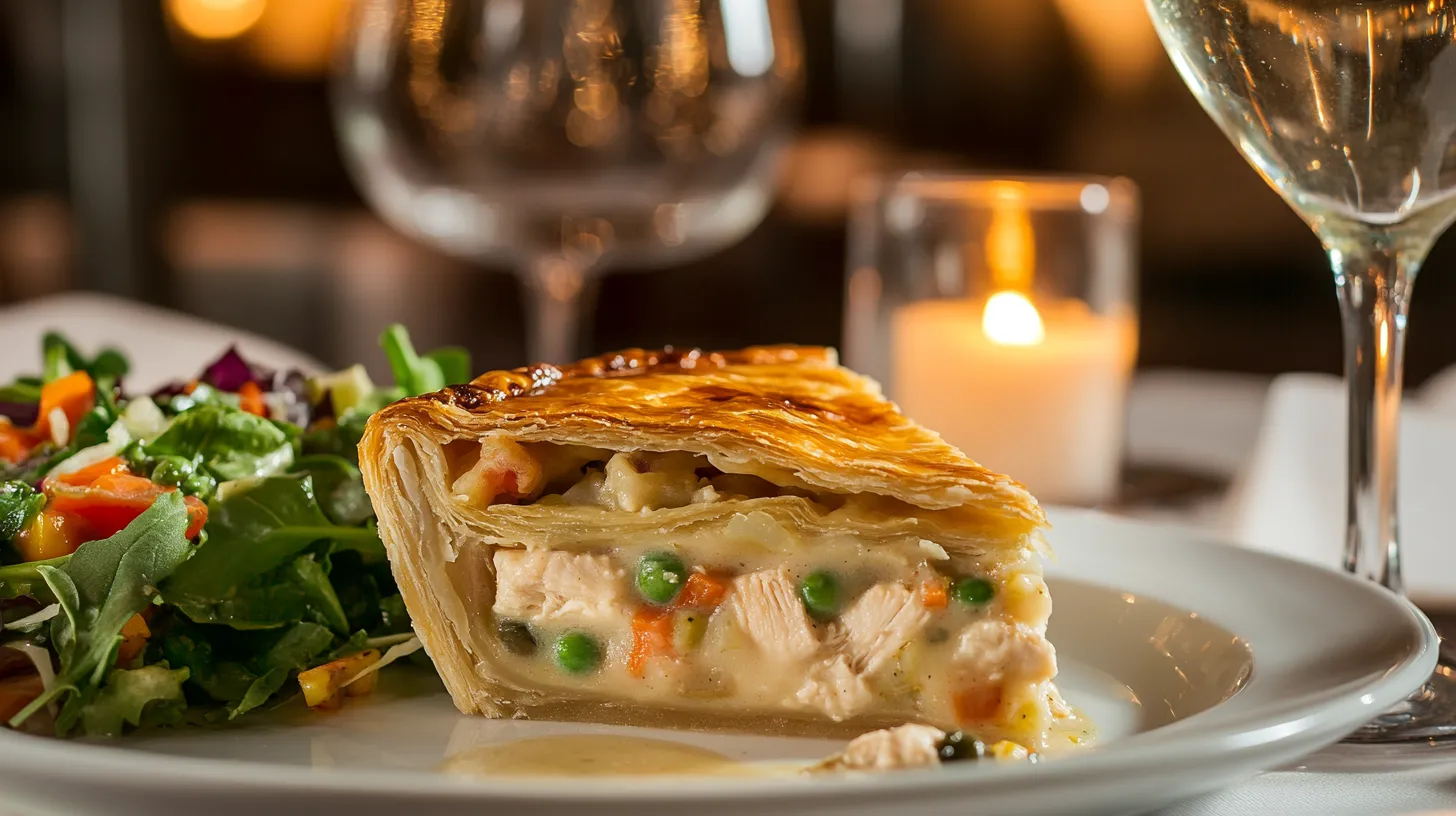 Chicken pot pie slice with salad and wine on a table.