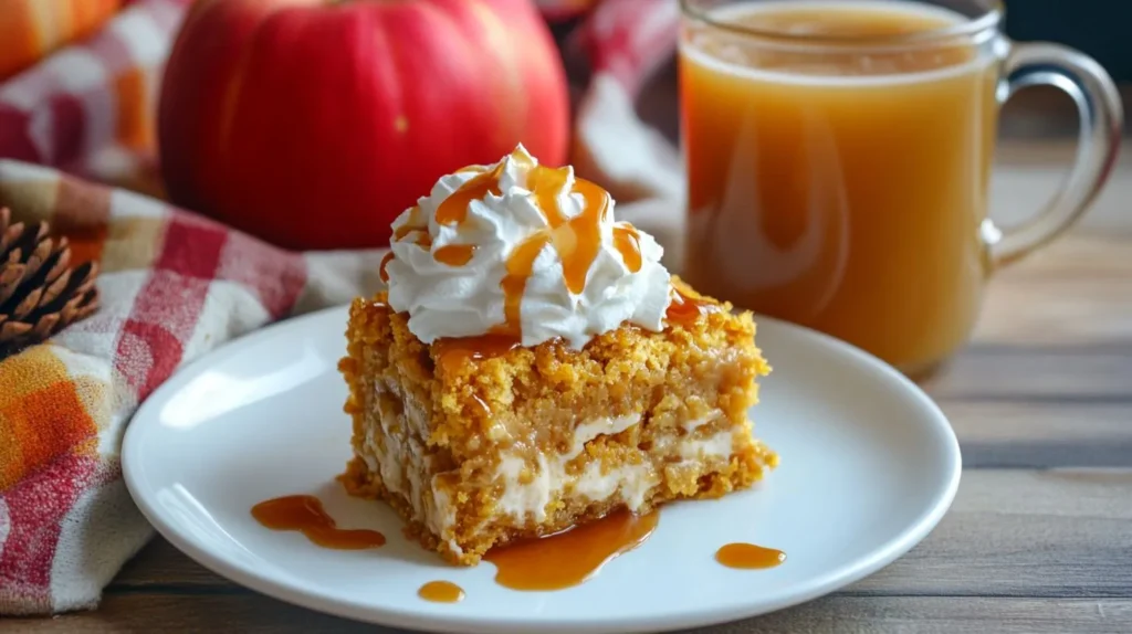 A slice of pumpkin dump cake with whipped cream and caramel