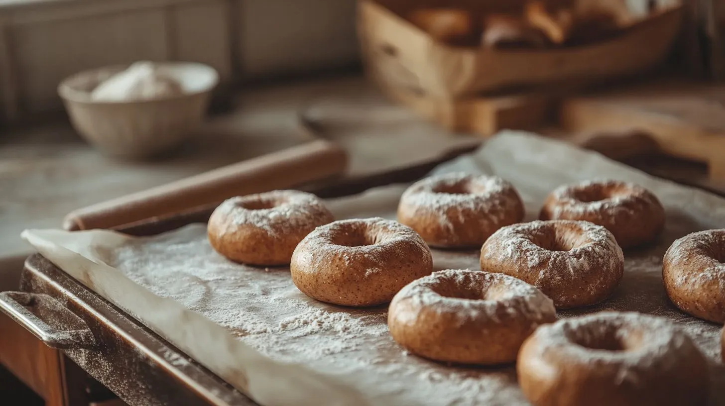 Homemade whole wheat bagels fresh out of the oven, arranged on a parchment-lined baking sheet.