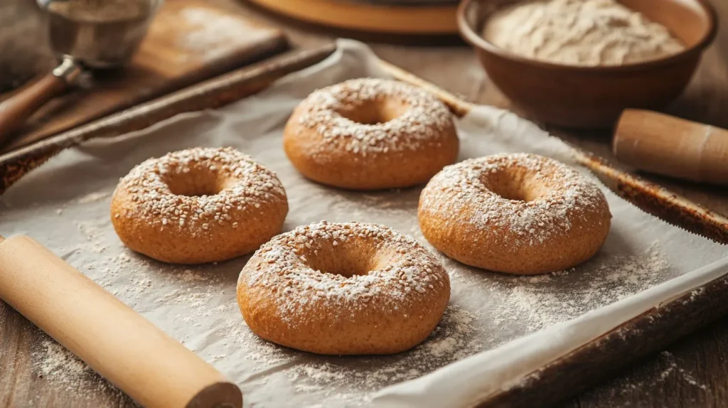  Homemade whole wheat bagels fresh from the oven, highlighting their nutritious and rustic charm.