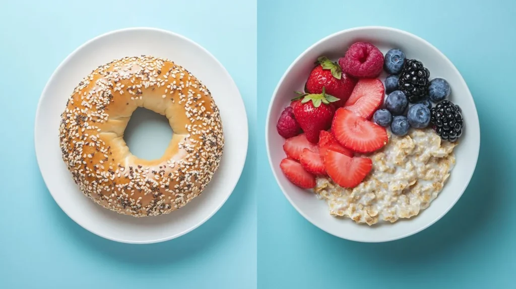 A visual comparison of two popular breakfast options: a bagel with cream cheese and oatmeal with fruit toppings.